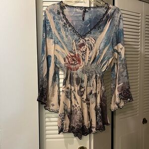 Mushka by Sienna Rose, Inc. Embroidered Sheer Tunic with Bell Sleeves, Large